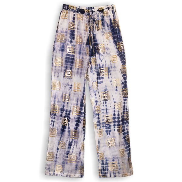 (LXL) Nomad Sari On the Med Collection - Lounge Pants - Gold & Blue Greek Motiff - Handpainted - Image 5