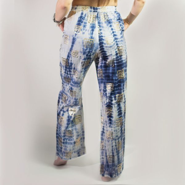 (LXL) Nomad Sari On the Med Collection - Lounge Pants - Gold & Blue Greek Motiff - Handpainted - Image 3