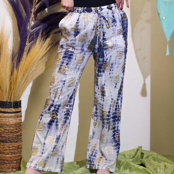 (ML) Nomad Sari On the Med Collection - Lounge Pants - Gold & Blue Greek Motiff - Handpainted - Image 2