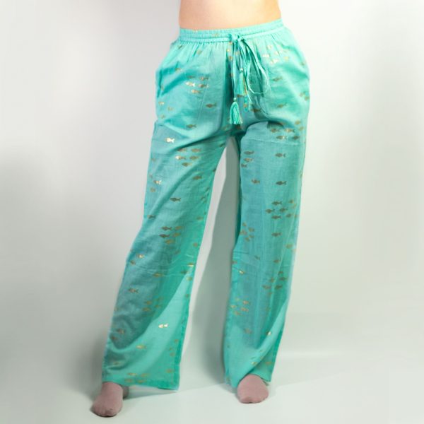 (LXL) Nomad Sari On the Med Collection - Lounge Pants - Turquoise & Gold Fish Design - Image 2