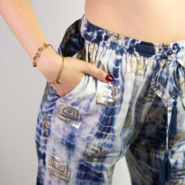(LXL) Nomad Sari On the Med Collection - Lounge Pants - Gold & Blue Greek Motiff - Handpainted - Image 2