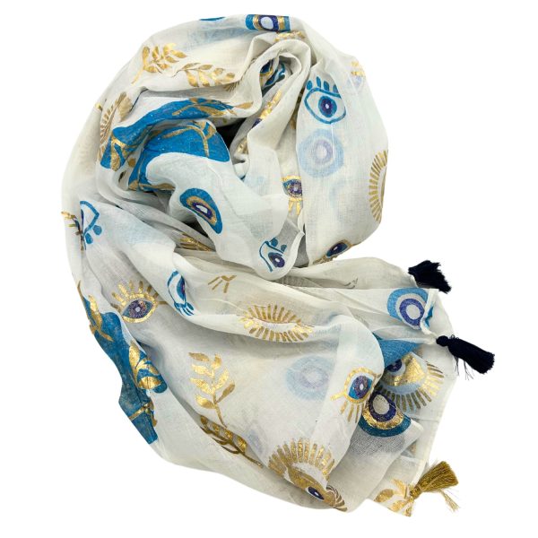 Nomad Sari On the Med Collection - Pareo - White , Blue & Gold Evil Eye Design - Image 2
