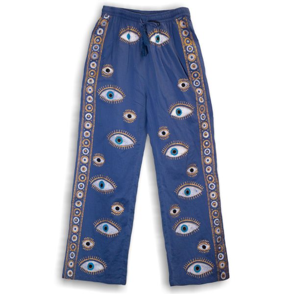 (ML) Nomad Sari On the Med Collection - Lounge Pants - Rich Blue & Gold Hand Painted Evil Eye Design - Image 4