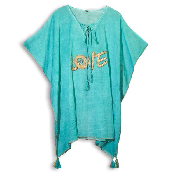 Nomad Sari On the Med Collection - Kaftan - Turquoise & Gold Love Design - Image 2