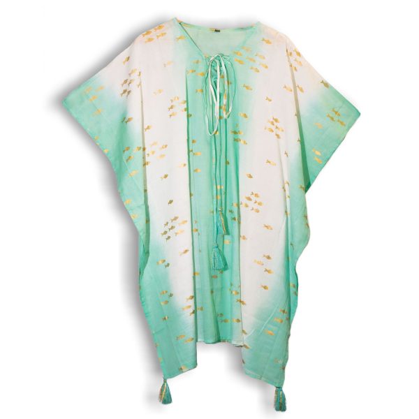 Nomad Sari On the Med Collection - Kaftan - White & Turquoise & Gold Fish Design - Image 2