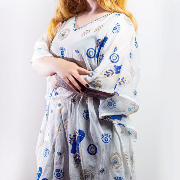 Nomad Sari On the Med Collection - Kaftan - White , Blue & Gold Evil Eye Design - Image 2