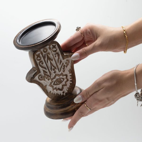 Mango Wood Candle Stand - Hamsa - Small - Image 5