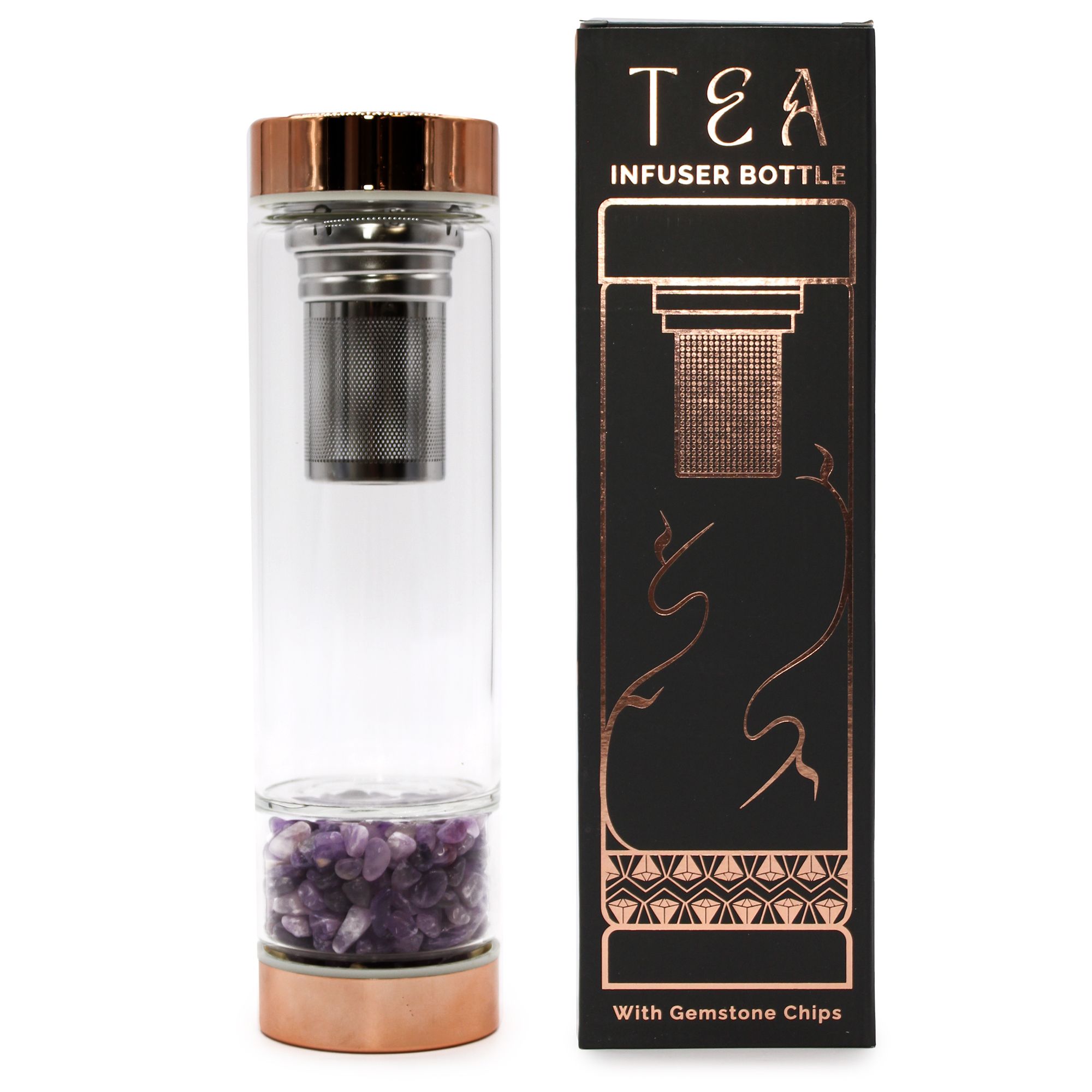 Crystal Glass Tea Infuser Bottle – Rose Gold – Amethyst | www.artisan-gifts.co.uk 2 Crystal Glass Tea Infuser Bottle – Rose Gold – Amethyst | www.artisan-gifts.co.uk 1