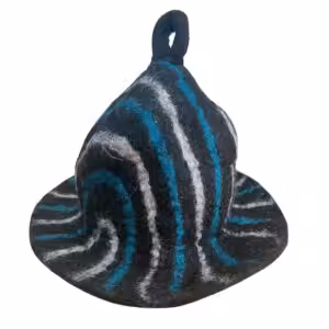 Felted Sauna Bowl Hat – Black Blue Streaks | www.artisan-gifts.co.uk