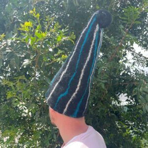Felted Sauna Wizard Hat – Black Blue Streaks | www.artisan-gifts.co.uk 1