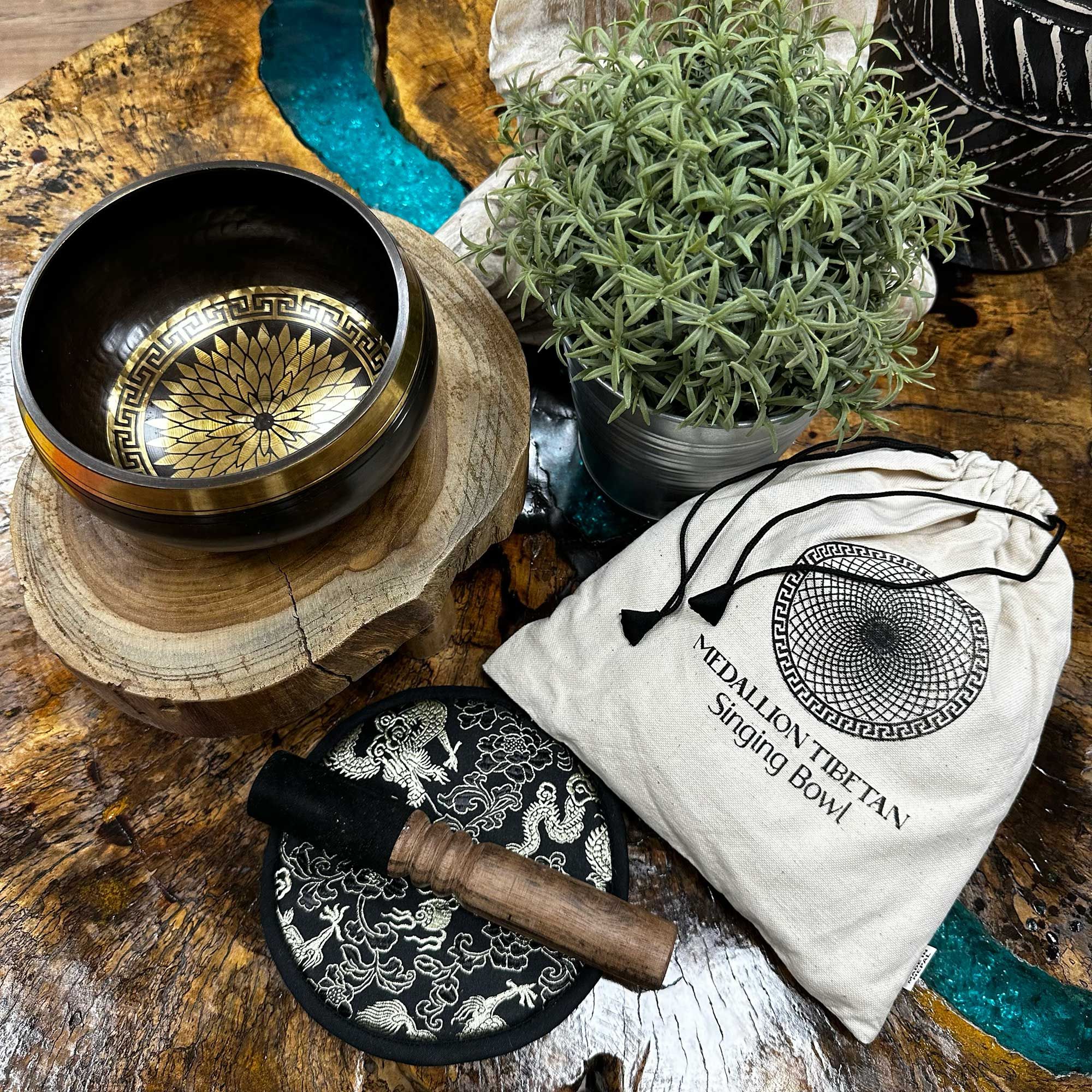 Hand Beaten & Engraved Singing Bowl Gift Set – 14cm – Round Medallions | www.artisan-gifts.co.uk 2 Hand Beaten & Engraved Singing Bowl Gift Set – 14cm – Round Medallions | www.artisan-gifts.co.uk 1