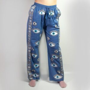 (LXL) Nomad Sari On the Med Collection – Lounge Pants – Rich Blue & Gold Hand Painted Evil Eye Design | www.artisan-gifts.co.uk 1