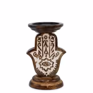 Mango Wood Candle Stand – Hamsa – Small | www.artisan-gifts.co.uk 1