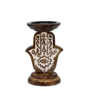 Mango Wood Candle Stand – Hamsa – Small | www.artisan-gifts.co.uk 1