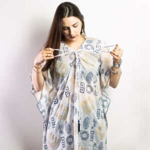 Nomad Sari On the Med Collection – Kaftan – Gold & Blue Greek Motiff – Handpainted | www.artisan-gifts.co.uk 1