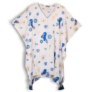 Nomad Sari On the Med Collection – Kaftan – White , Blue & Gold Evil Eye Design | www.artisan-gifts.co.uk 1