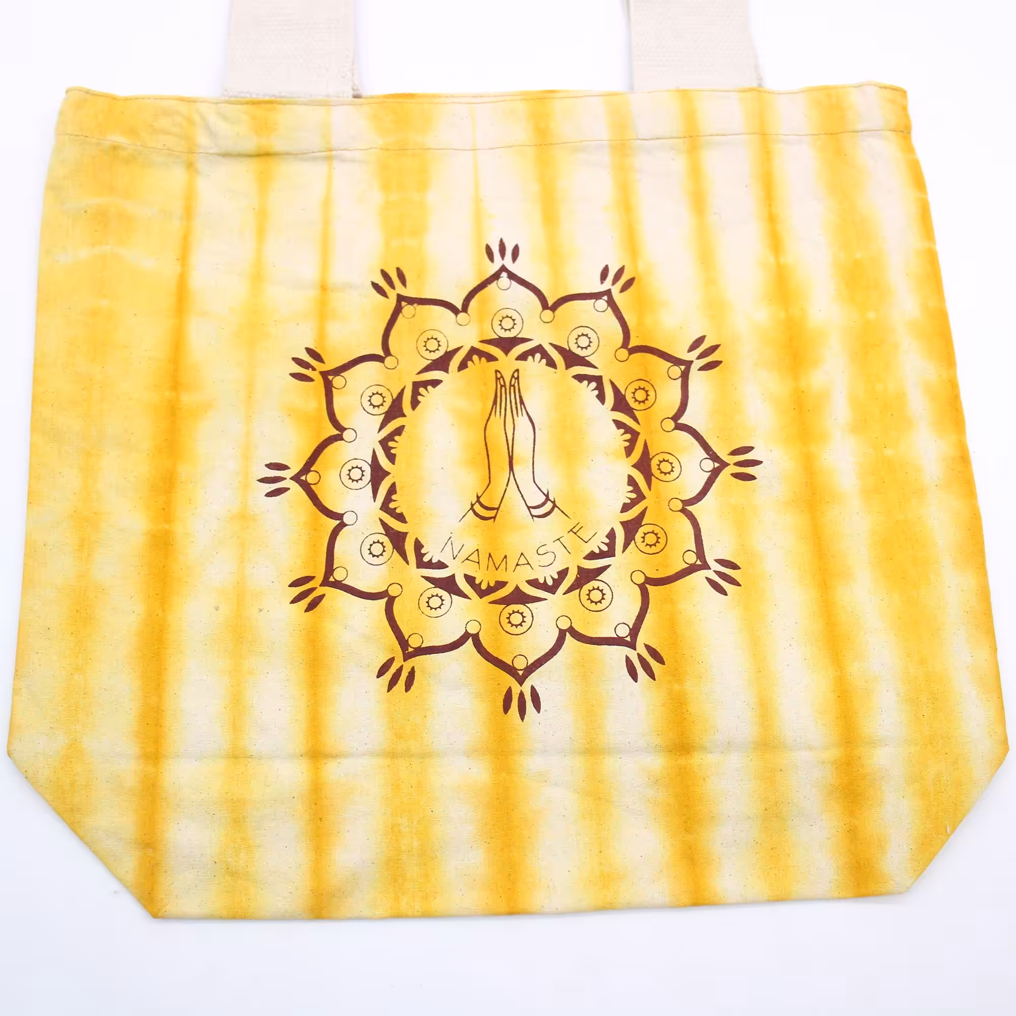 Tye-Dye Cotton Bag (6oz) – 38x42x12cm – Namaste Hands – Yellow – Natural Handle | www.artisan-gifts.co.uk 5 Tye-Dye Cotton Bag (6oz) – 38x42x12cm – Namaste Hands – Yellow – Natural Handle | www.artisan-gifts.co.uk 4