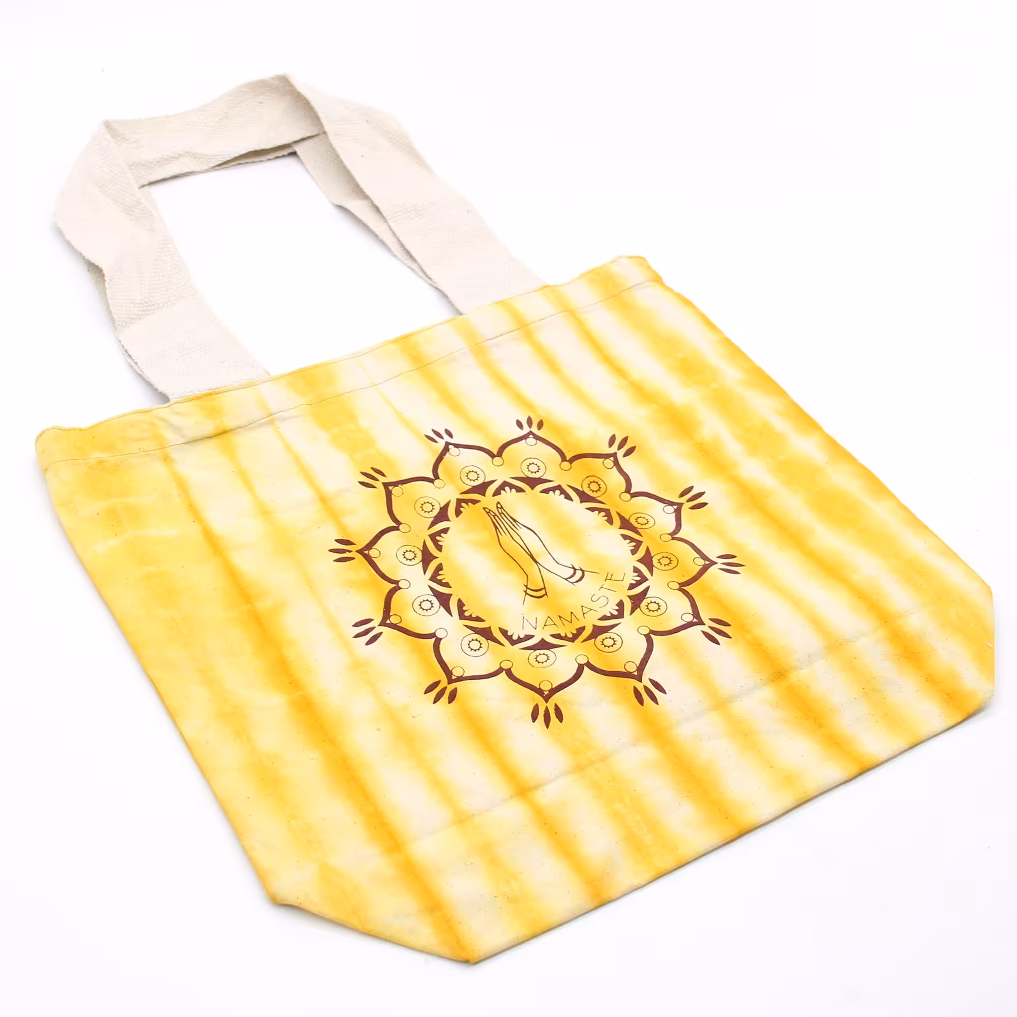Tye-Dye Cotton Bag (6oz) – 38x42x12cm – Namaste Hands – Yellow – Natural Handle | www.artisan-gifts.co.uk 3 Tye-Dye Cotton Bag (6oz) – 38x42x12cm – Namaste Hands – Yellow – Natural Handle | www.artisan-gifts.co.uk 2
