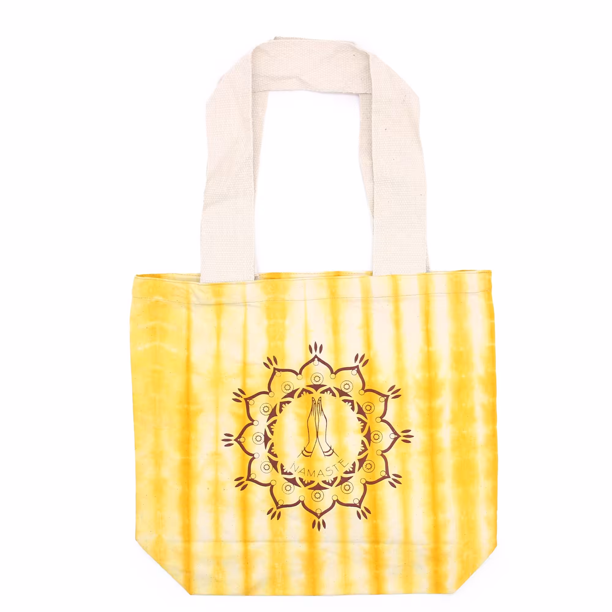 Tye-Dye Cotton Bag (6oz) – 38x42x12cm – Namaste Hands – Yellow – Natural Handle | www.artisan-gifts.co.uk 2 Tye-Dye Cotton Bag (6oz) – 38x42x12cm – Namaste Hands – Yellow – Natural Handle | www.artisan-gifts.co.uk 1