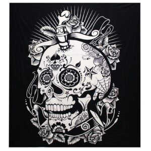 B&W Double Cotton Bedspread + Wall Hanging – Rose Skull | www.artisan-gifts.co.uk