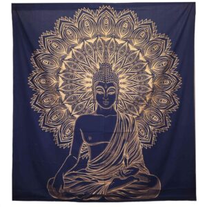Double Cotton Bedspread + Wall Hanging – Buddha – Blue Gold | www.artisan-gifts.co.uk 1