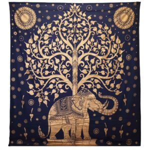 Double Cotton Bedspread + Wall Hanging – Elephant & Tree – Blue Gold | www.artisan-gifts.co.uk