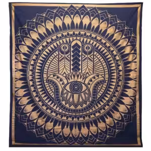 Double Cotton Bedspread + Wall Hanging – Hamsa – Blue Gold | www.artisan-gifts.co.uk