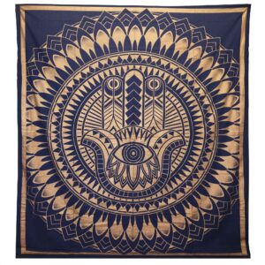 Double Cotton Bedspread + Wall Hanging – Hamsa – Blue Gold | www.artisan-gifts.co.uk