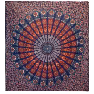 Double Cotton Bedspread + Wall Hanging – Peacock Mandala – Blue | www.artisan-gifts.co.uk