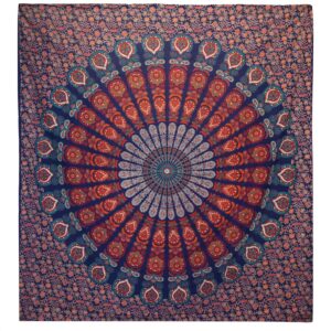 Double Cotton Bedspread + Wall Hanging – Peacock Mandala – Blue | www.artisan-gifts.co.uk