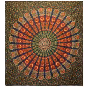Double Cotton Bedspread + Wall Hanging – Peacock Mandala – Green | www.artisan-gifts.co.uk