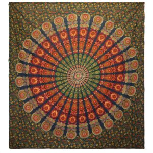 Double Cotton Bedspread + Wall Hanging – Peacock Mandala – Green | www.artisan-gifts.co.uk