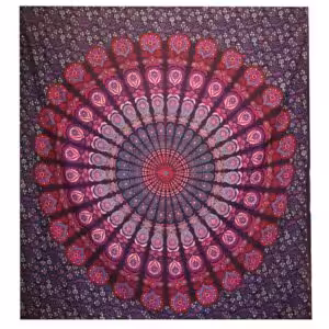 Double Cotton Bedspread + Wall Hanging – Peacock Mandala – Purple | www.artisan-gifts.co.uk