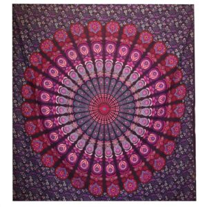 Double Cotton Bedspread + Wall Hanging – Peacock Mandala – Purple | www.artisan-gifts.co.uk
