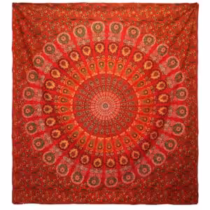 Double Cotton Bedspread + Wall Hanging – Peacock Mandala – Red | www.artisan-gifts.co.uk