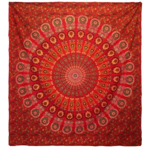 Double Cotton Bedspread + Wall Hanging – Peacock Mandala – Red | www.artisan-gifts.co.uk