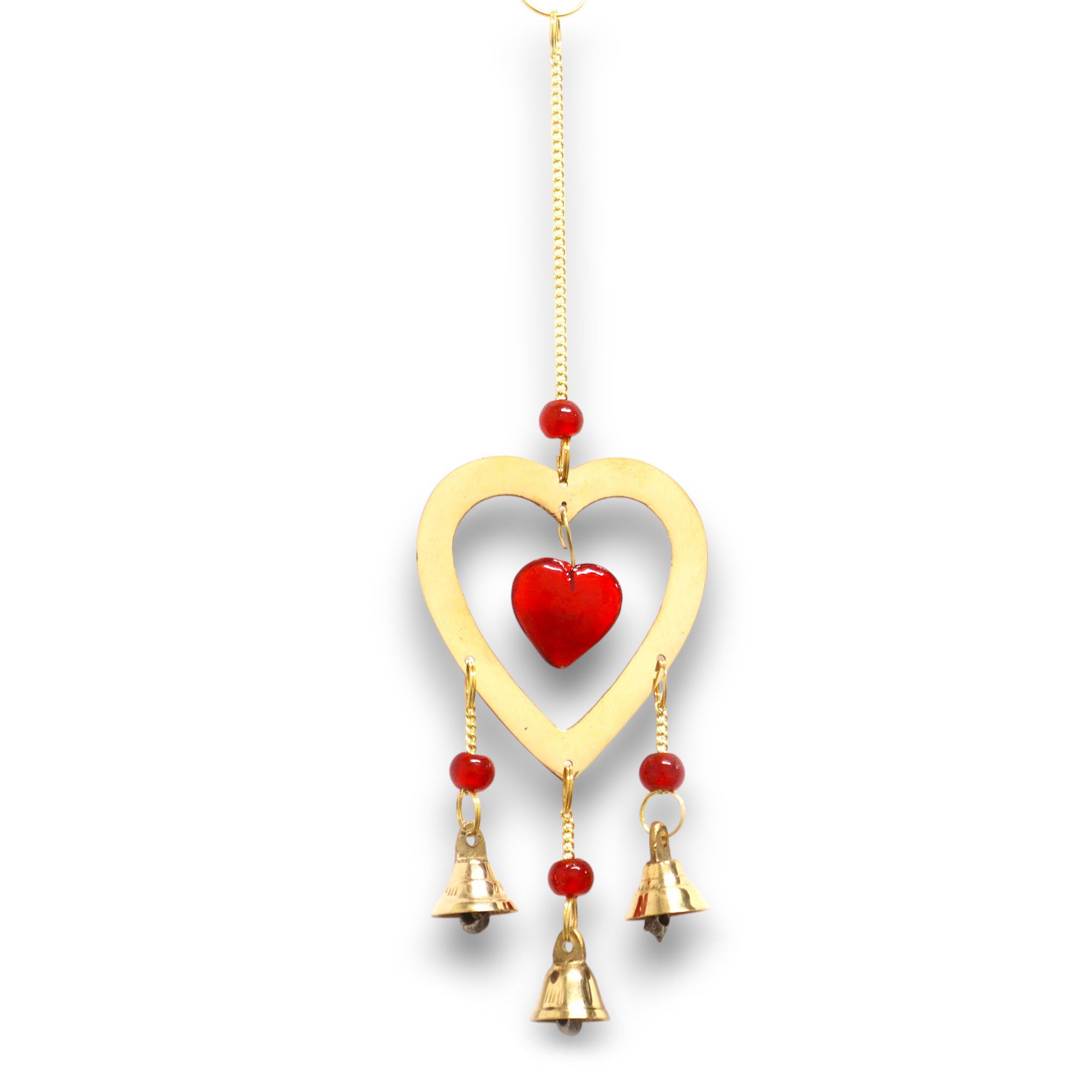 Indian Chimes – Brass With Ruby Glass Heart Beads – 3 Bells | www.artisan-gifts.co.uk 2 Indian Chimes – Brass With Ruby Glass Heart Beads – 3 Bells | www.artisan-gifts.co.uk