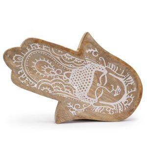 Long Tray 30×20.5×2.5cm – Hamsa Shape with Buddha Whitewash | www.artisan-gifts.co.uk