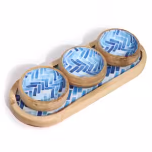 Mango Wood Tray with 3 Bowls – Blue Stripes | www.artisan-gifts.co.uk 1