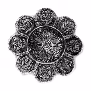 Polished Aluminium Tibetan Symbols Incense Holder 12cm | www.artisan-gifts.co.uk 1