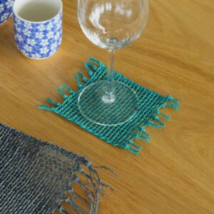 Set of 4 Seagrass Fringe Natural Coasters – Turquoise | www.artisan-gifts.co.uk 1
