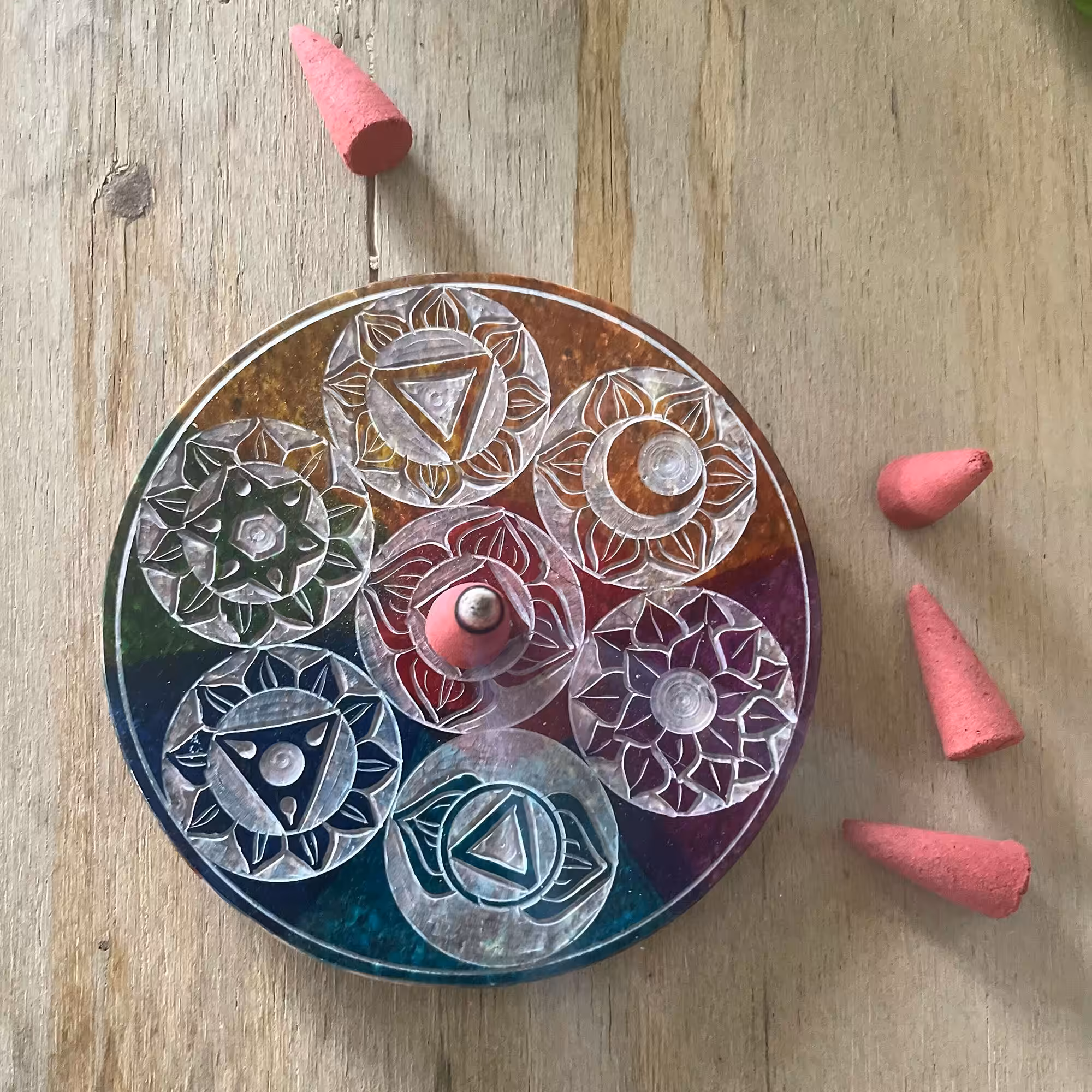 Soapstone Disc Incense Cone Holder 10cm – Seven Chakra | www.artisan-gifts.co.uk 4 Soapstone Disc Incense Cone Holder 10cm – Seven Chakra | www.artisan-gifts.co.uk 3