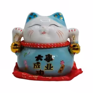 Ceramic Money Cat Bank – Blue on Cushion | www.artisan-gifts.co.uk 1
