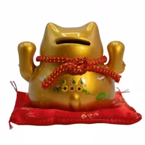 Ceramic Money Cat Bank – Gold on Cushion | www.artisan-gifts.co.uk 1