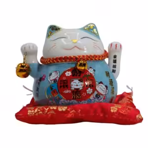 Ceramic Money Cat Moving Hand  – Blue on Cushion | www.artisan-gifts.co.uk 1