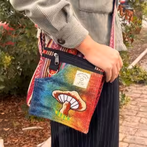 Hemp Embroidery Mushroom Party Bag – Orange Mushrooms | www.artisan-gifts.co.uk 1