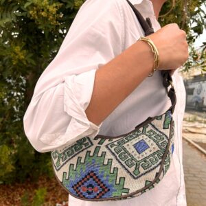 Jacquard Hobo Bag – Geo-Geen (brown strap) | www.artisan-gifts.co.uk 1