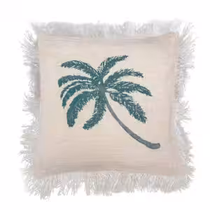 Linen Cushion Cover 45x45cm Palm Tree  with Fringe