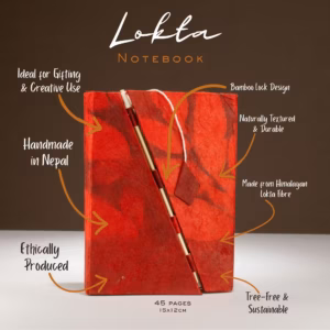 Lokta Bold Floral Bamboo Lock Notebook – Medium (15x12cm) – 45 Leaves – Ruby