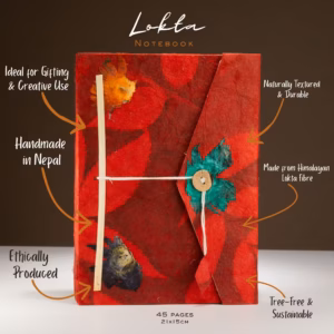 Lokta Bold Floral Notebook – Large (21x15cm) – 45 Leaves – Includes Bookmark – Ruby